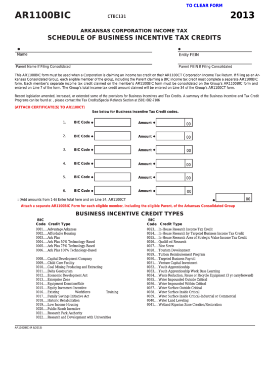 Fillable Form Ar1100bic - Schedule Of Business Incentive Tax Credits - 2013 Printable pdf