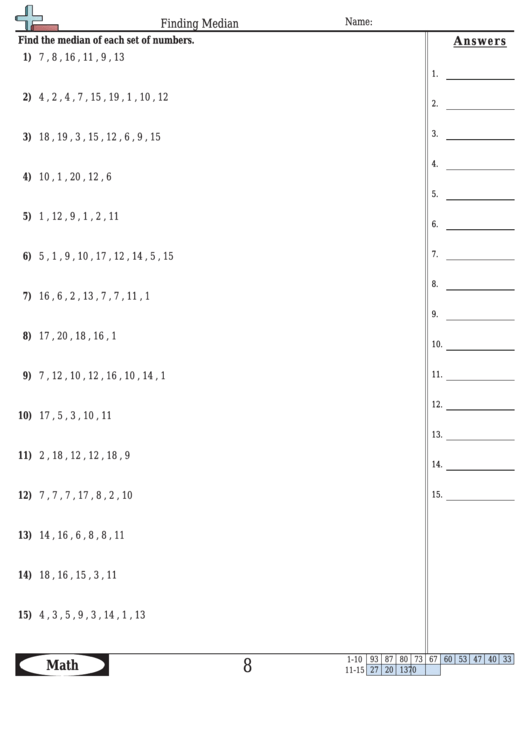 Finding Median Worksheet Template With Answer Key