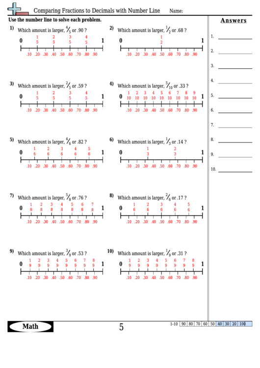 comparing fractions to decimals with number line worksheet