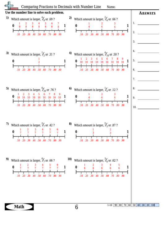 Comparing Fractions To Decimals With Number Line Worksheet Template With Answer Key Printable pdf