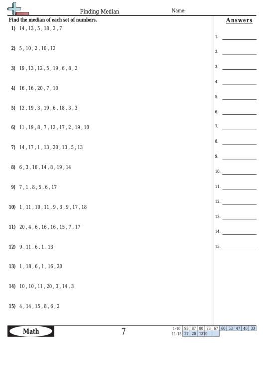 Finding Median Worksheet Template With Answer Key Printable pdf