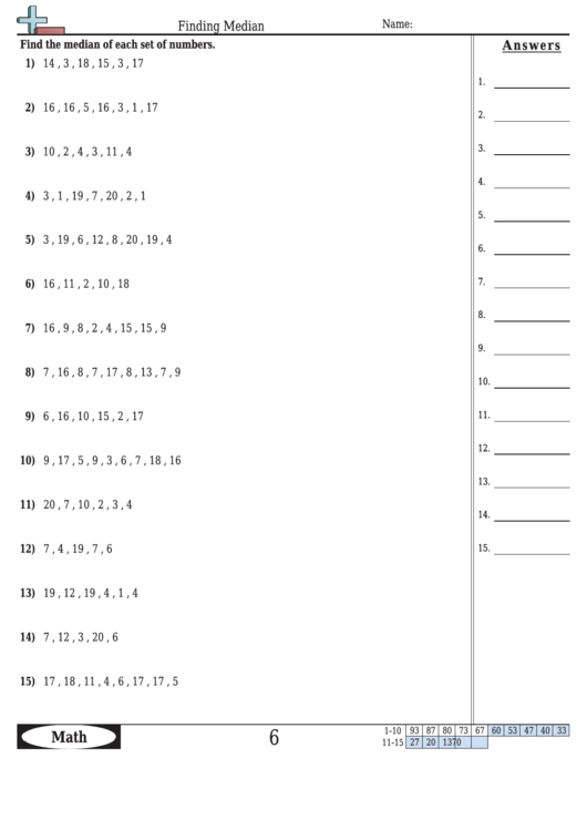Finding Median Worksheet Template With Answer Key Printable pdf