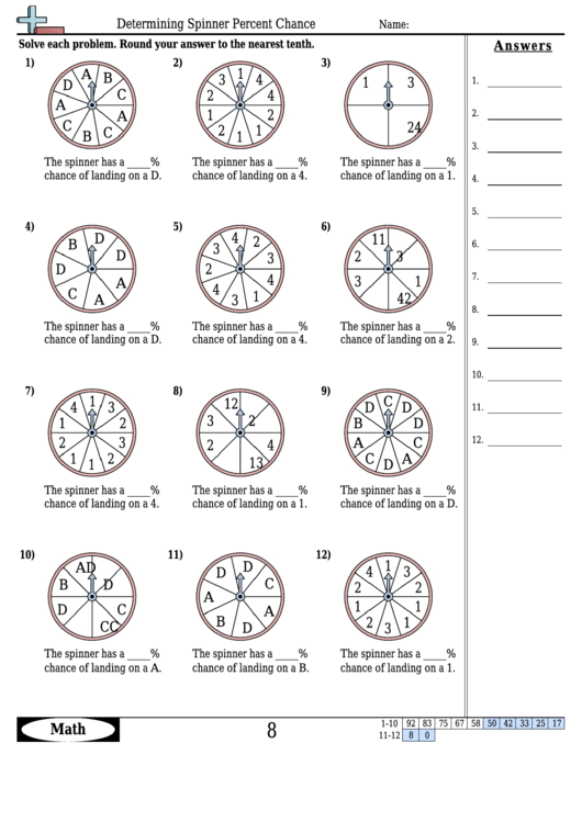 Determining Spinner Percent Chance Worksheet Template With Answer Key Printable pdf