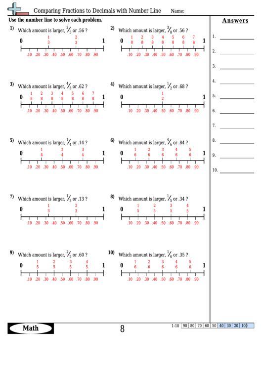 Comparing Fractions To Decimals With Number Line Worksheet Template With Answer Key Printable pdf