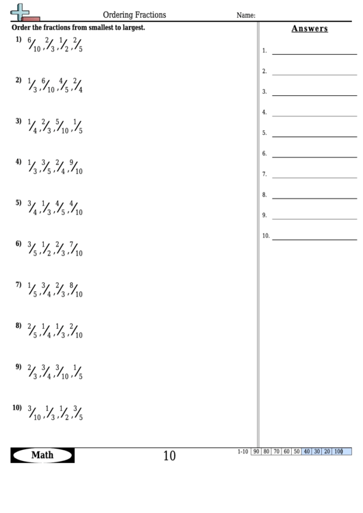 Ordering Fractions Worksheet Template With Answer Key Printable pdf