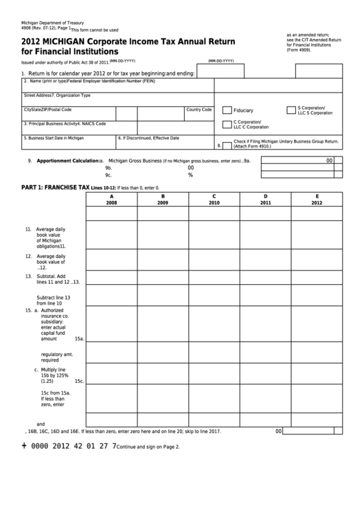 Form 4908 - Michigan Corporate Income Tax Annual Return For Financial Institutions - 2012 Printable pdf