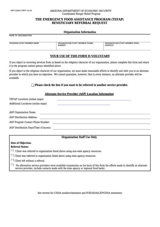 Fillable Form Hrp-1026a Forff - The Emergency Food Assistance Program (Tefap) Beneficiary Referral Request Printable pdf