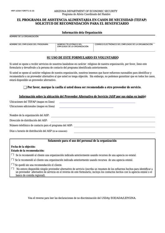 Fillable Form Hrp-1026a Forffs - El Programa De Asistencia Alimentaria En Casos De Necesidad (Tefap) Solicitud De Recomendacion Para El Beneficiario Printable pdf