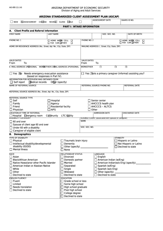 Fillable Form Ag-095 - Arizona Standardized Client Assessment Plan (Ascap) Printable pdf