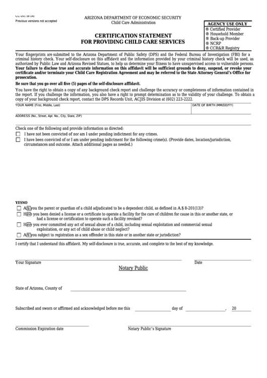 Form Cc-201 - Certification Statement For Providing Child Care Services Printable pdf