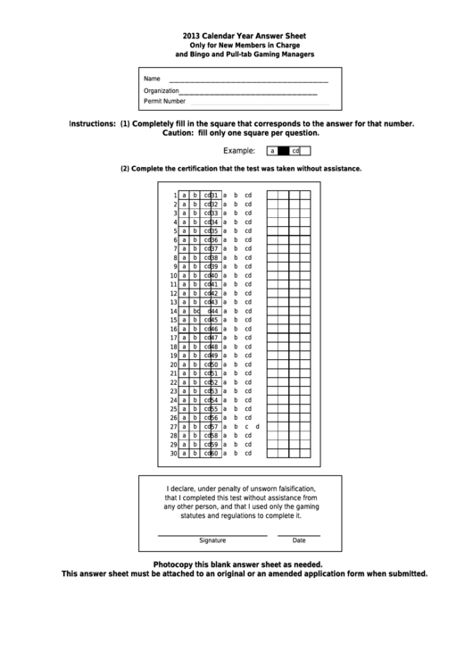 Form 04-862 - Calendar Year Answer Sheet Only For New Members In Charge And Bingo And Pull-Tab Gaming Managers - 2013 Printable pdf