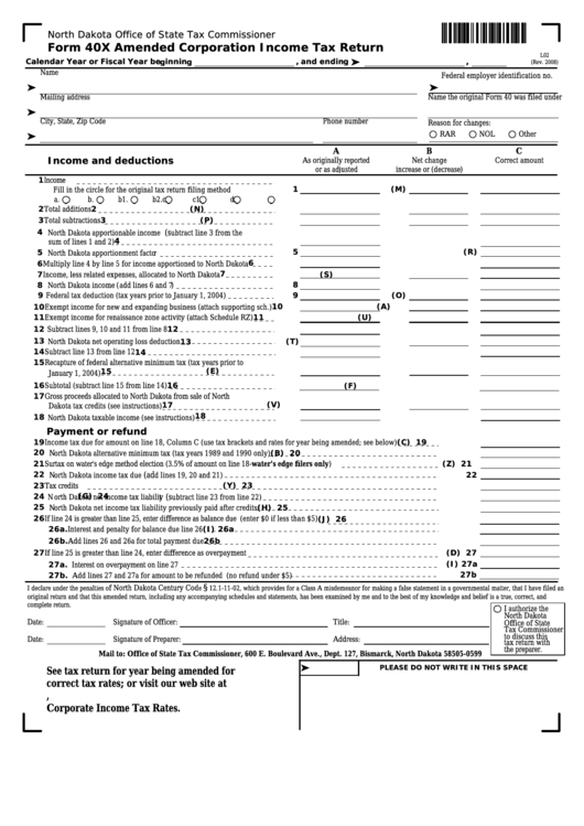 Fillable Form 40x - Amended Corporation Income Tax Return Printable pdf