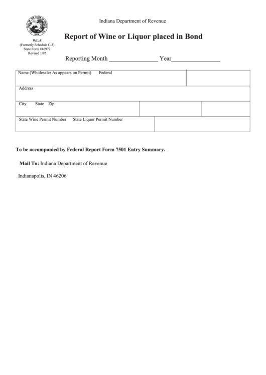 Fillable Form Wl-5 - Report Of Wine Or Liquor Placed In Bond Printable pdf