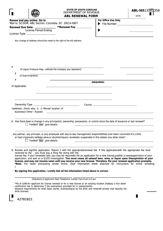 Form Abl-565 - Abl Renewal Form Printable pdf