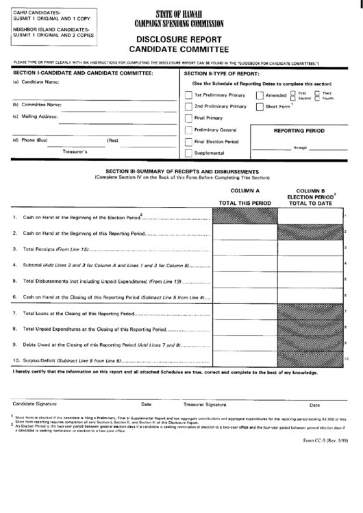 Form Cc-5 - Disclosure Report Candidate Committee Printable pdf