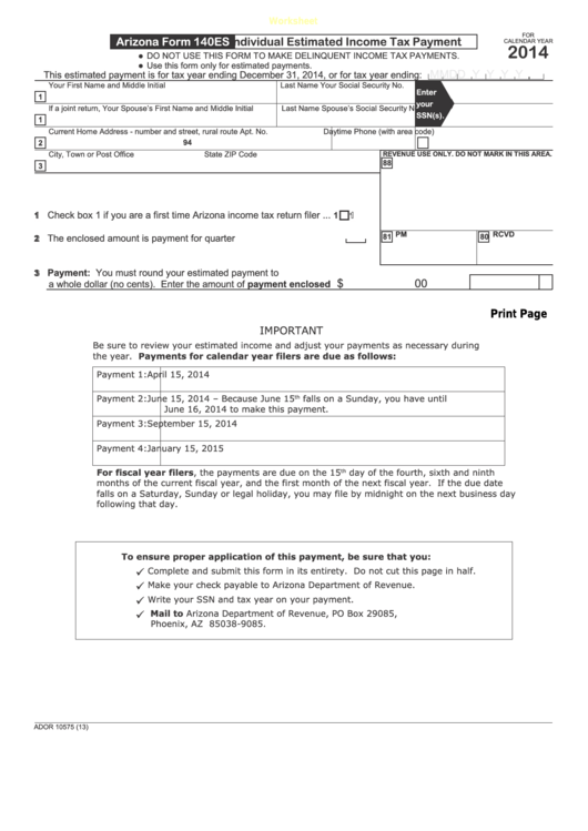 Fillable Form 140es - Individual Estimated Income Tax Payment - 2014 Printable pdf