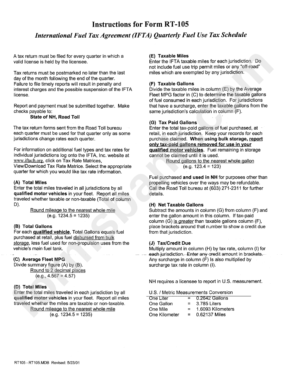 Instructions For Form Rt-105 - International Fuel Tax Agreement (Ifta) Quarterly Fuel Use Tax Schedule