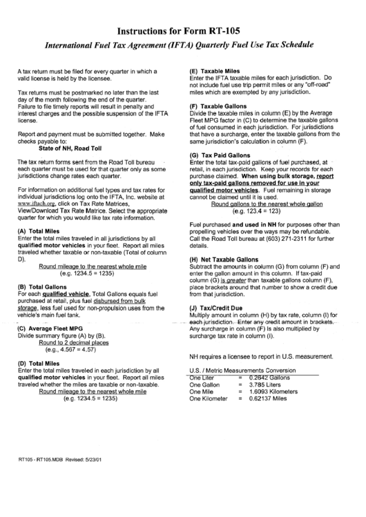Instructions For Form Rt-105 - International Fuel Tax Agreement (Ifta) Quarterly Fuel Use Tax Schedule Printable pdf