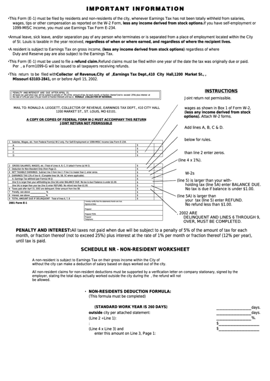 Schedule Nr - Form E-1 - Important Information Printable pdf