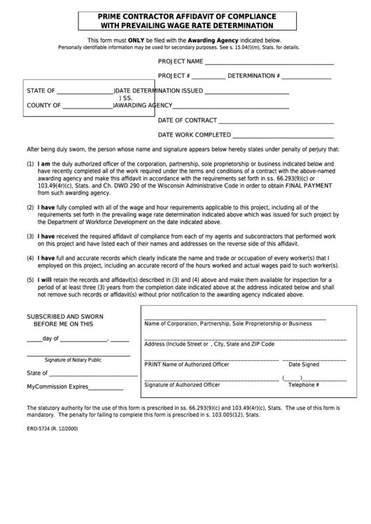 Form Erd-5724 - Prime Contractor Affidavit Of Compliance With Prevailing Wage Rate Determination - 2000 Printable pdf