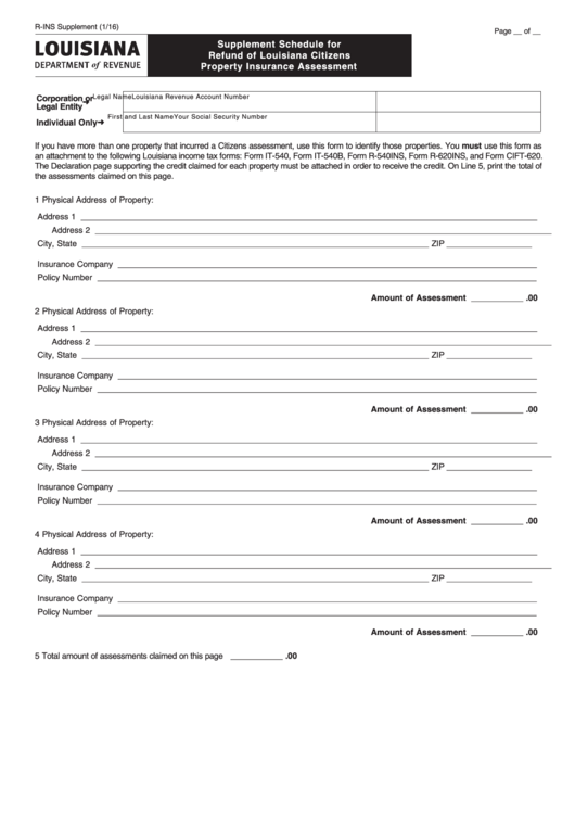 Fillable Form R-Ins - Supplement Schedule For Refund Of Louisiana Citizens Property Insurance Assessment Printable pdf