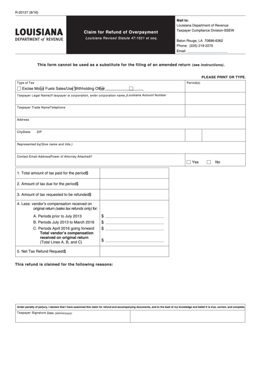 Fillable Form R-20127 - Claim For Refund Of Overpayment Printable pdf