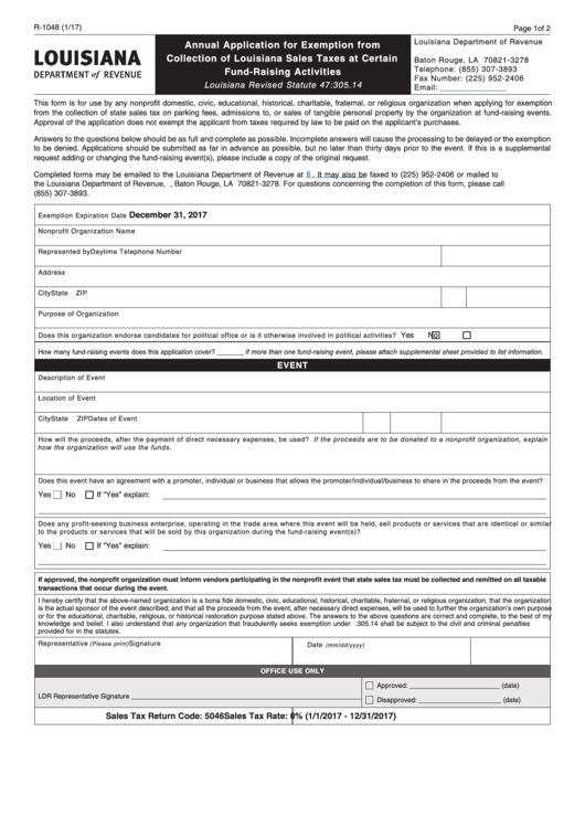 Fillable Form R-1048 - Annual Application For Exemption From Collection Of Louisiana Sales Taxes At Certain Fund-Raising Activities Printable pdf