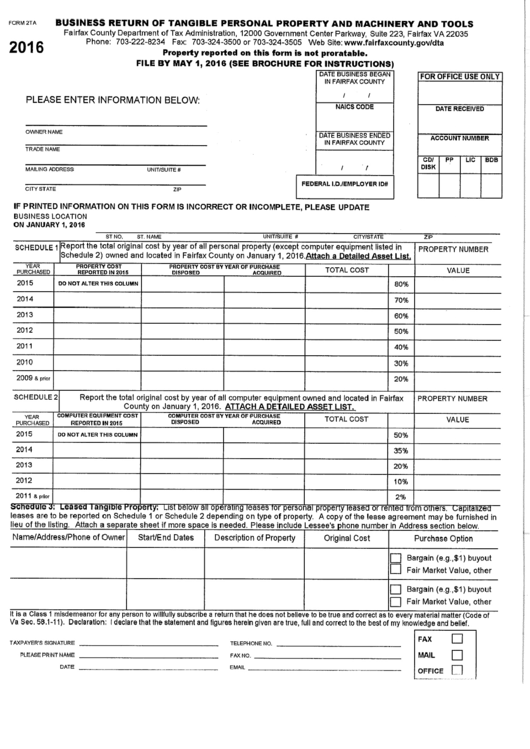Form 2ta - Business Return Of Tangible Personal Property And Machinery And Tools - 2016 Printable pdf