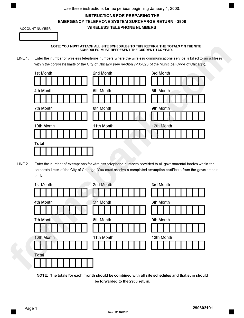 Form 2996 - Instructions For Preparing The Emergency Telephone System Surcharge Return - Wireless Telephone Numbers