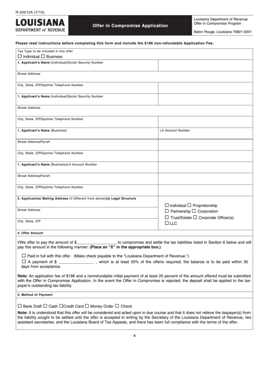 Fillable Form R-20212a - Offer In Compromise Application - Louisiana Department Of Revenue - 2015 Printable pdf