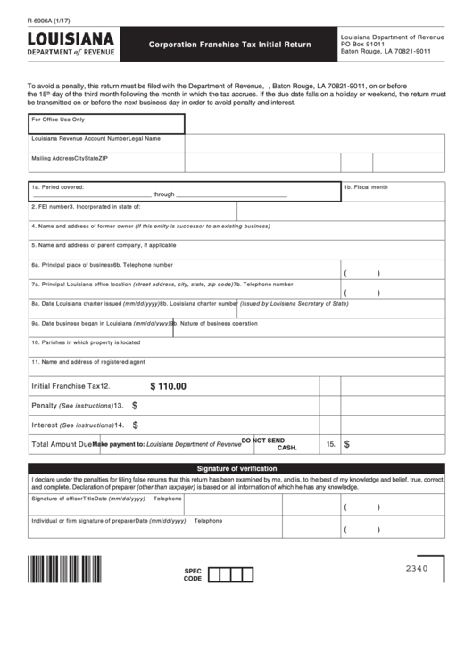 Form R-6906a - Corporation Franchise Tax Initial Return - 2017 Printable pdf