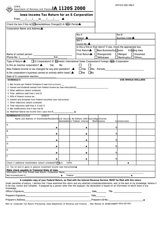 Form Ia 1120s - Iowa Income Tax Return For An S Corporation - 2000 Printable pdf