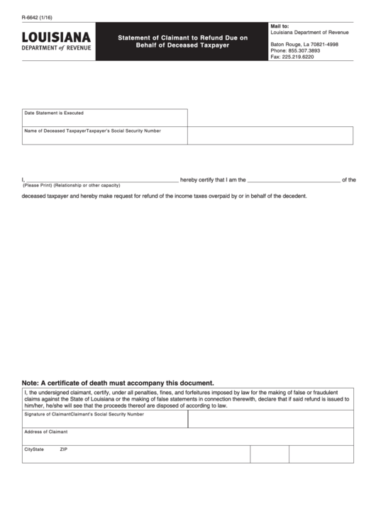 Fillable Form R-6642 - Statement Of Claimant To Refund Due On Behalf Of Deceased Taxpayer Printable pdf
