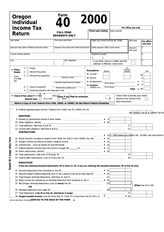Form 40 - Oregon Individual Income Tax Return - 2000 Printable pdf
