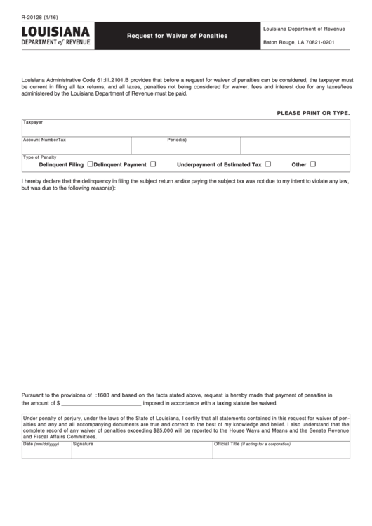 Fillable Form R-20128 - Request For Waiver Of Penalties - 2016 Printable pdf