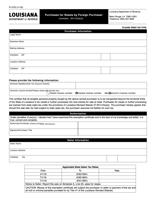 Fillable Form R-1079 - Purchases For Resale By Foreign Purchaser Printable pdf