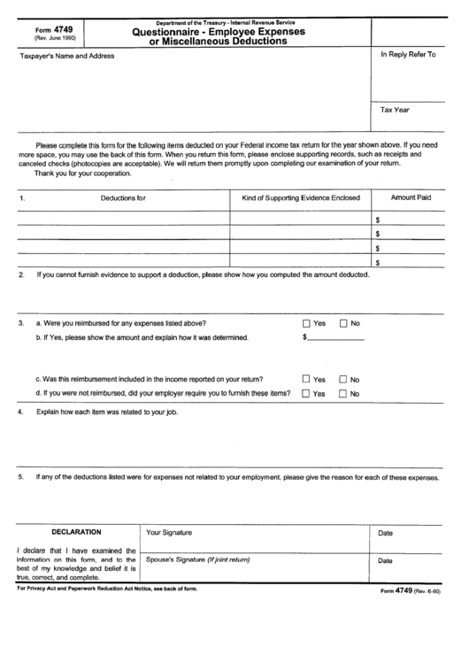 Form 4749 - Questionnaire - Employee Expenses Or Miscellaneous Deductions Printable pdf
