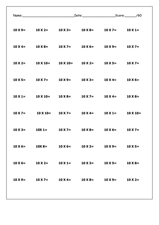 Multiplying By 10 Worksheet Printable pdf