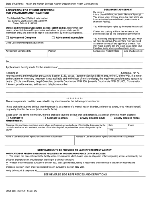 Form Dhcs 1801 - California Application For 72 Hour Detention For Evaluation And Treatment - Health And Human Services Agency Printable pdf