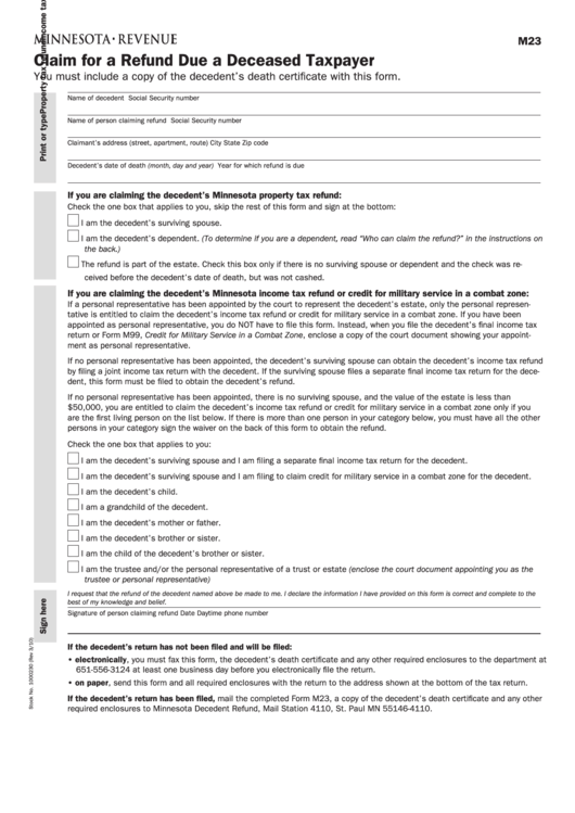 Fillable Form M23 - Claim For A Refund Due A Deceased Taxpayer Printable pdf