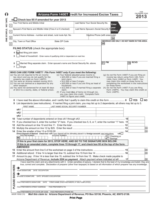 Fillable Form 140et - Credit For Increased Excise Taxes - 2013 Printable pdf
