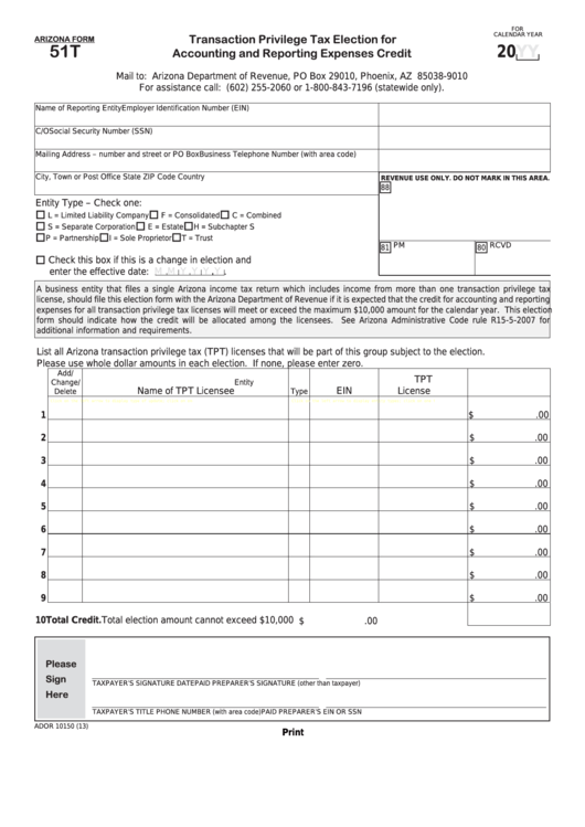 Fillable Form 51t - Transaction Privilege Tax Election For Accounting And Reporting Expenses Credit Printable pdf