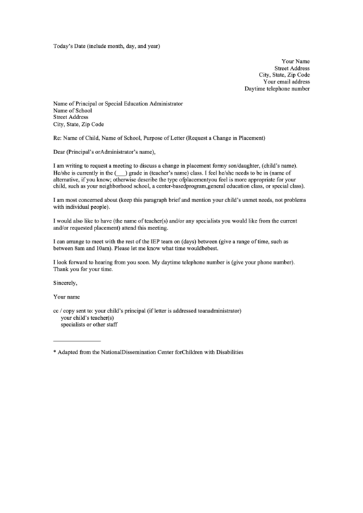 Request A Change In Placement Letter Template Printable pdf