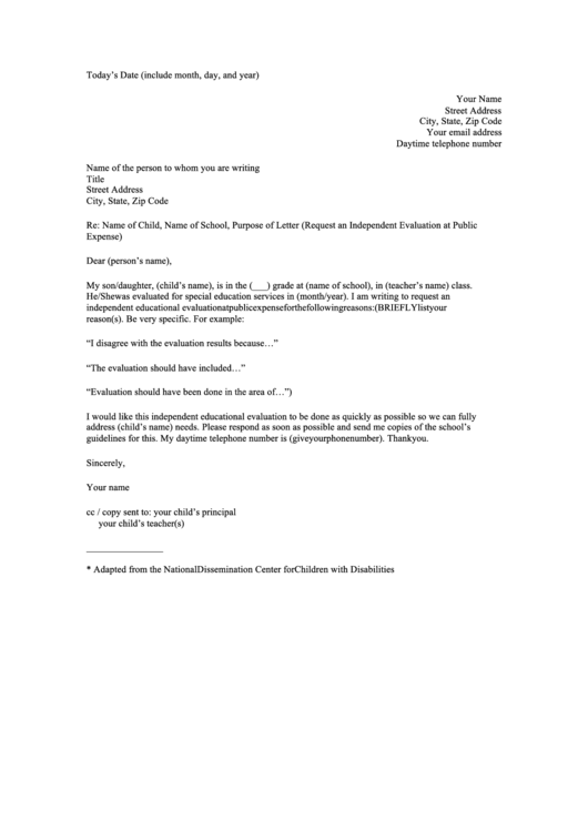 Request An Independent Evaluation At Public Expense Letter Template Printable pdf