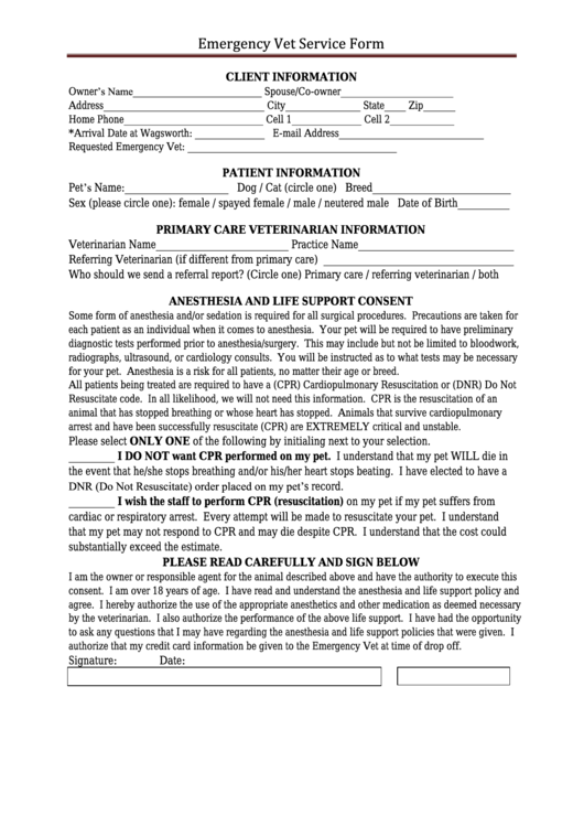 Emergency Vet Services Form Printable pdf