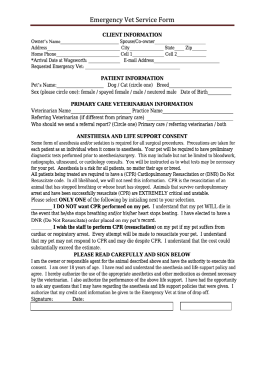 Emergency Vet Services Form Printable Pdf Download