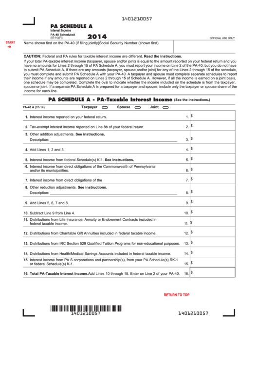 Fillable Pa Schedule A - Interest Income (Pa-40 A) - 2014 Printable pdf