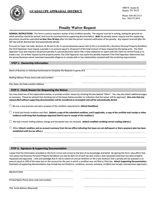 Penalty Waiver Request Form - Guadalupe Appraisal District printable pdf download