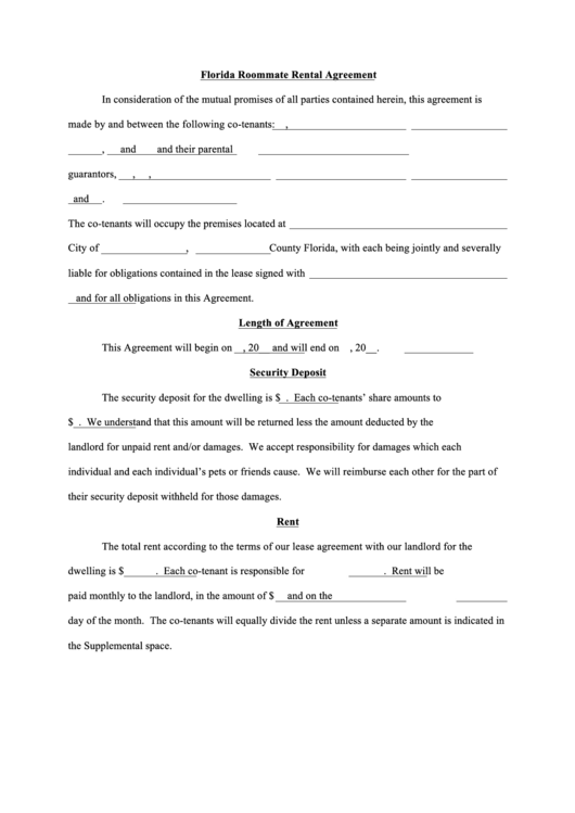 Fillable Florida Roommate Rental Agreement Form Printable pdf