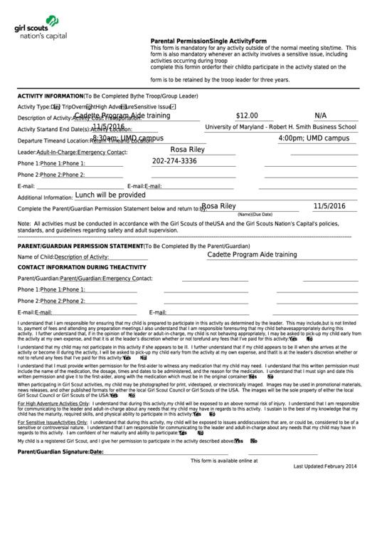 Fillable Parental Permission Single Activity Form Printable pdf